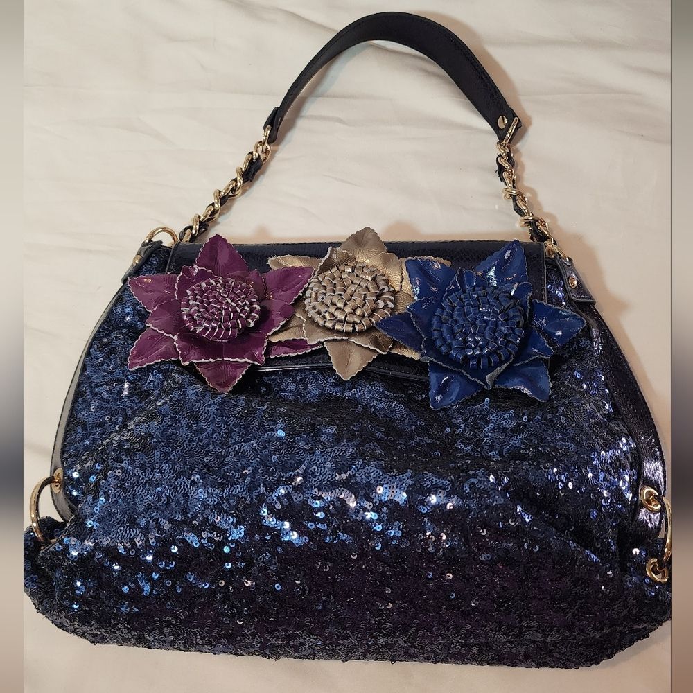 Original By Sharif 1827 Blue Sequin 3D Flower Detail Shoulder Bag